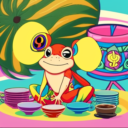 A hillarious, funny boho toad with some hippie colored coffee cups. Psychedelic decorated background. Hard style.