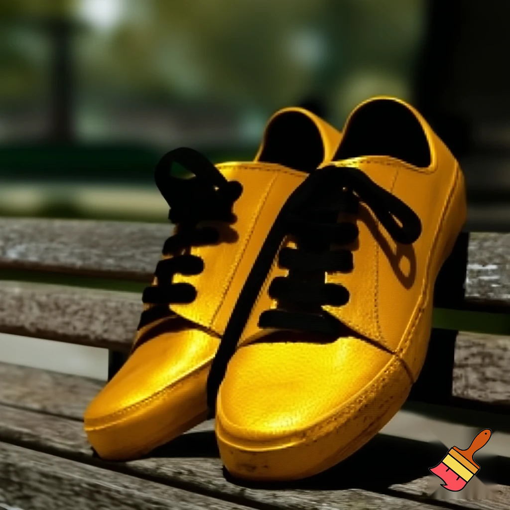 yellow-gold shoes with black laces on a bench