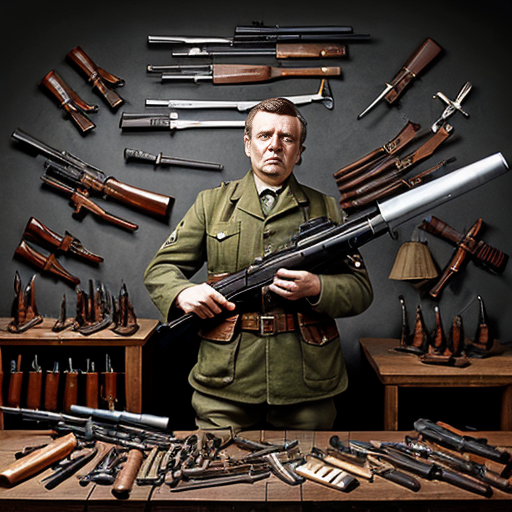 create ad image of a war collectionist full of weapons and kanonen