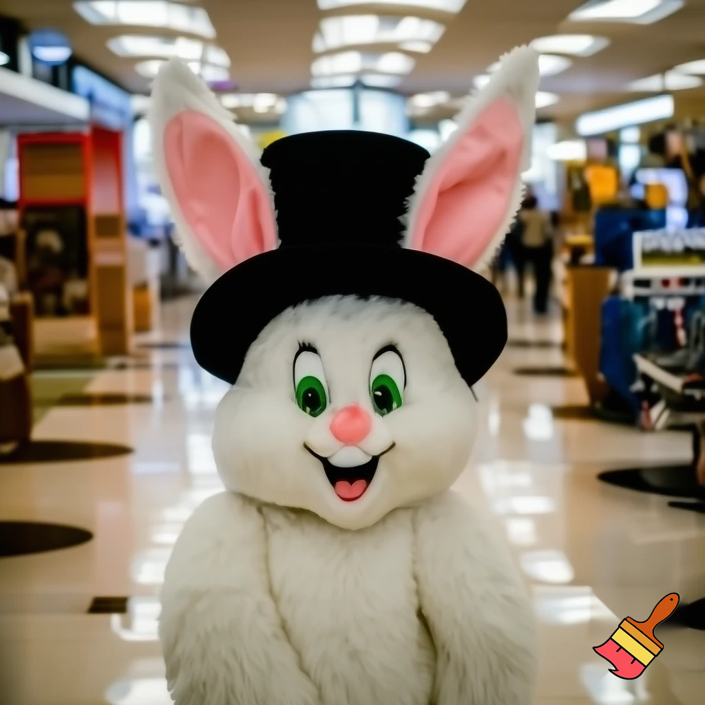 Easter bunny mascot top hat at the shopping centre mascot costume Darrell Lea magic room