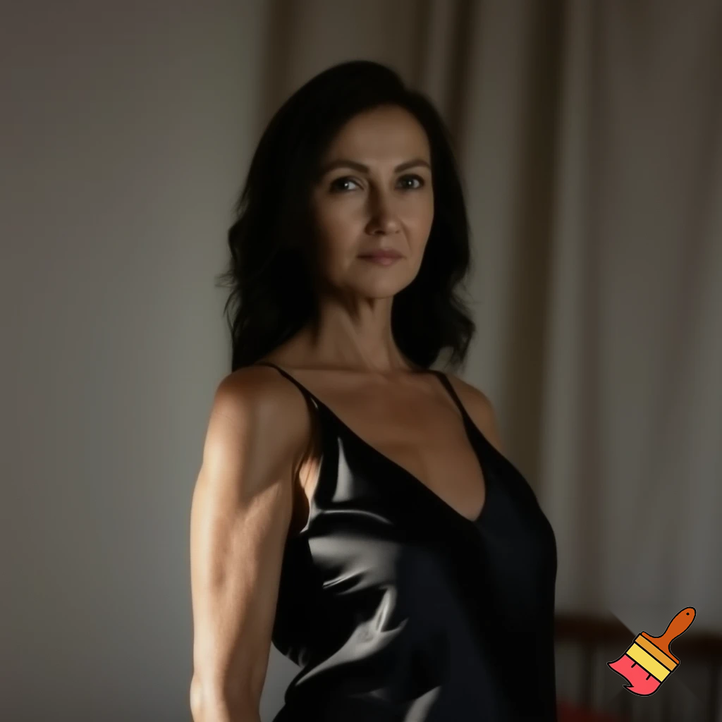 40 year old Brunette woman in full length black satin nightgown