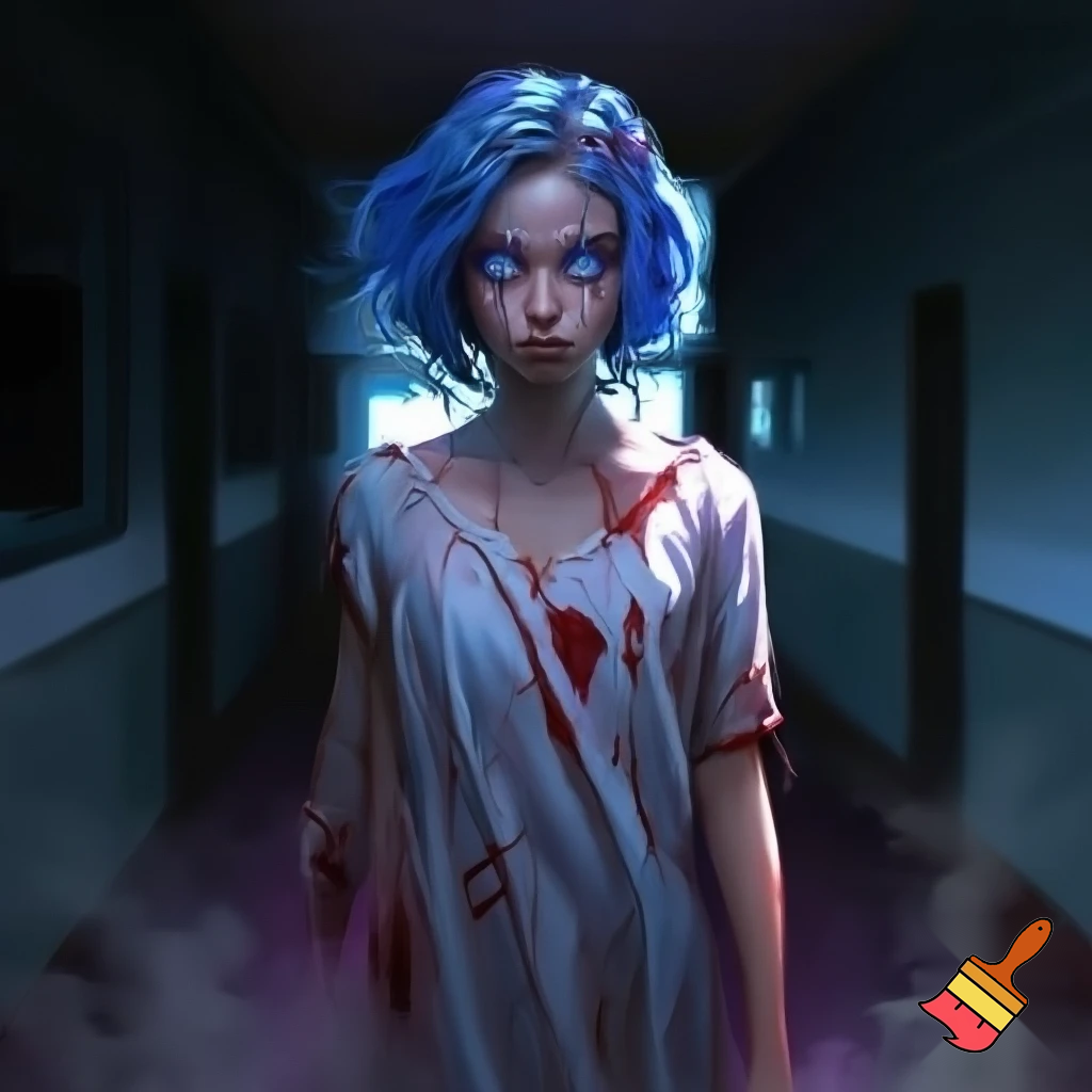 A girl with short blue hair and glowing blue eyes wearing a bloody hospital gown