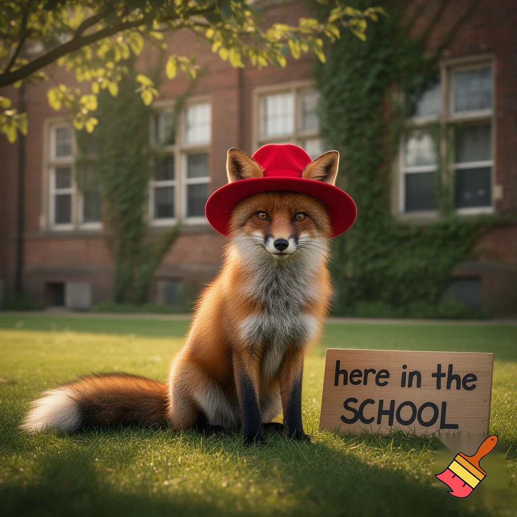 fox with a red hat says here in the school