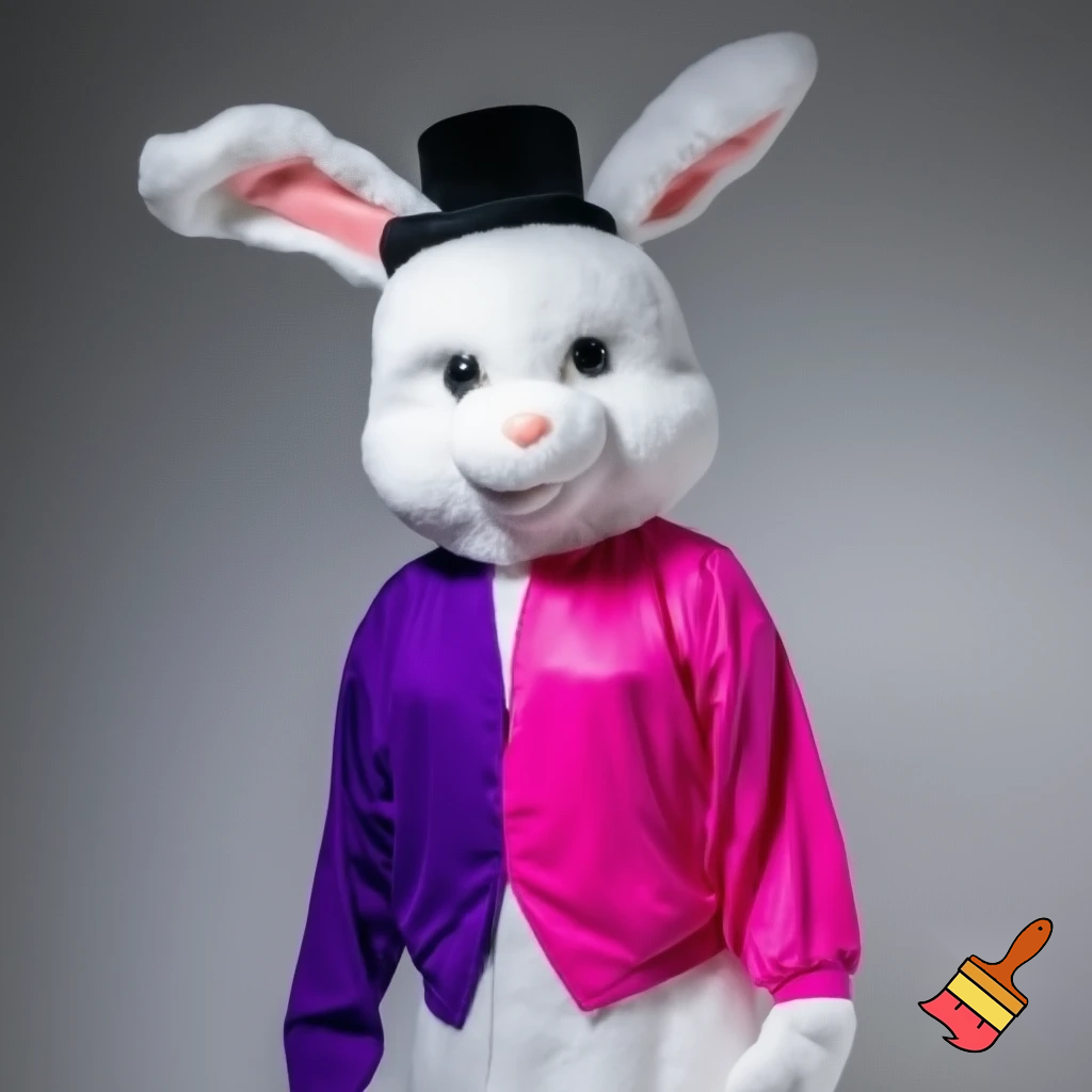 Easter bunny mascot costume top hat a colour face jacket purple and pink