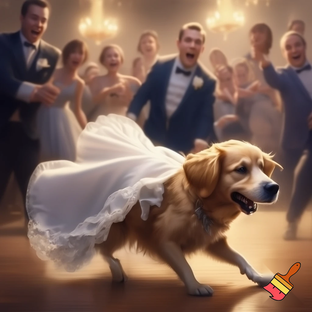 
a dog steals the bride's dress at the wedding