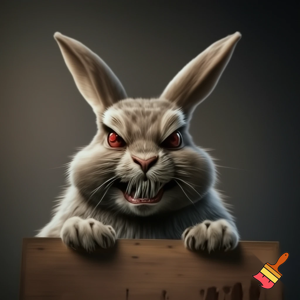 European rabbit red glaring eyes sharp teeth and fur holding a sign angry face fighter smile