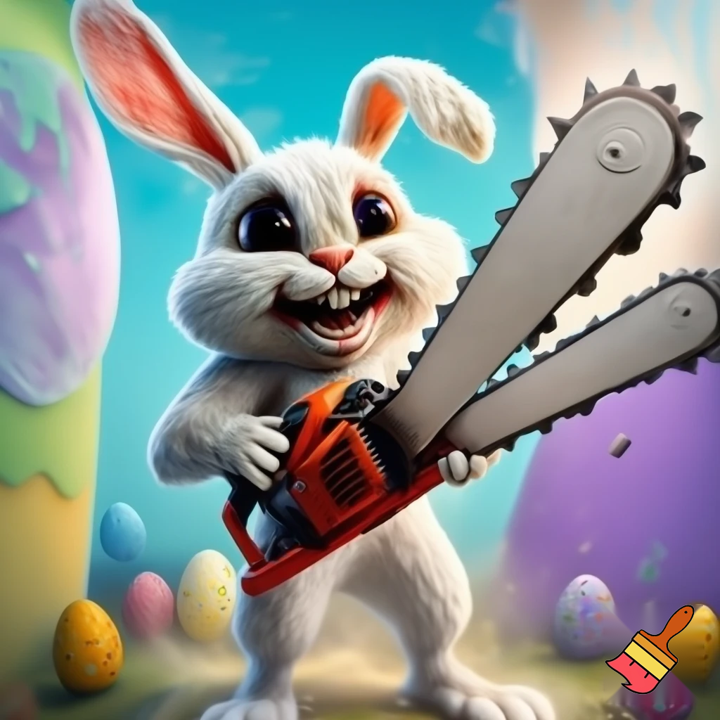 Easter bunny with the top hat Easter bunny mascot costume with a chainsaw a Easter bunny