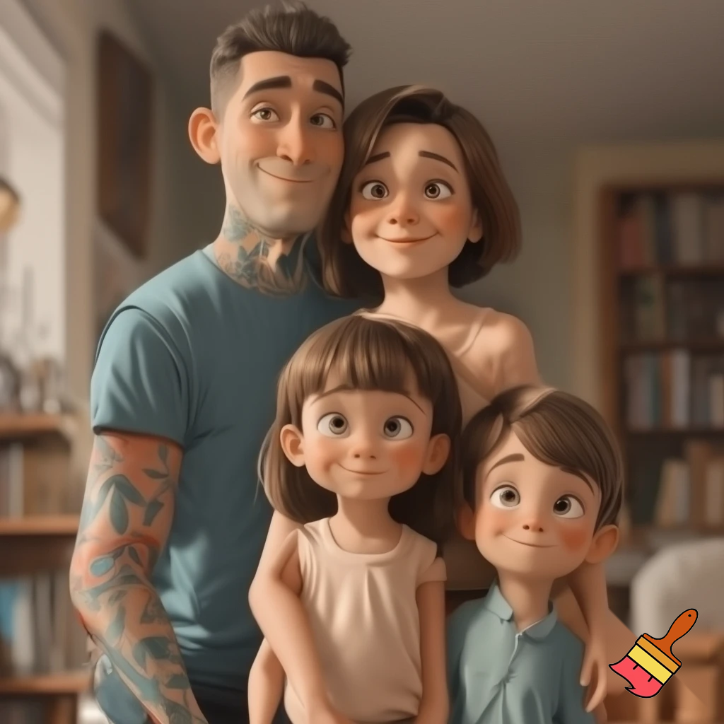 Draw a family 4 a dad with tattoos 7 year old sister 13 year old brother and the mum has tired under eyes 
