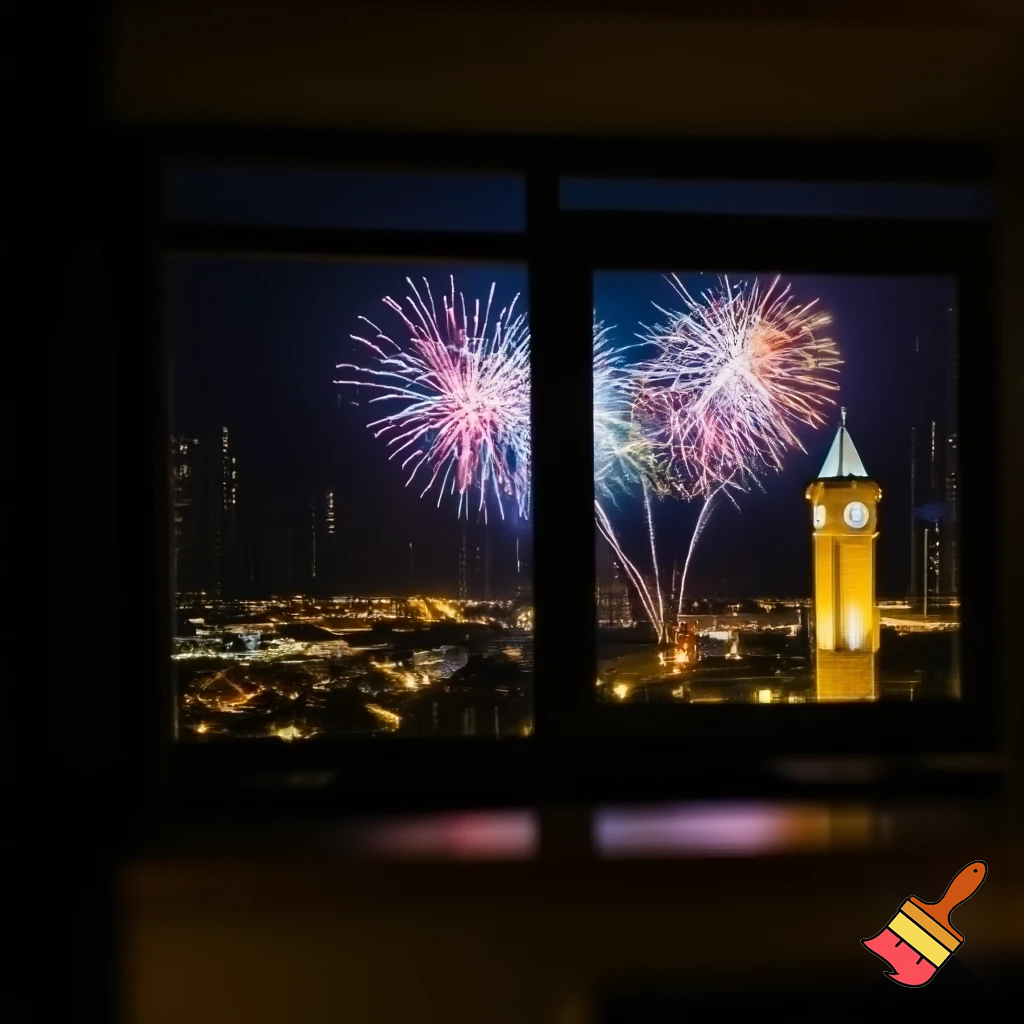 view from a window on a city at night, the clock tower at the right side and fireworks on the sky
