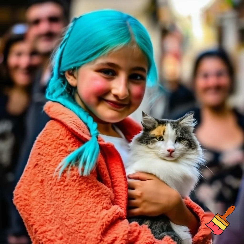 a girl with blue hair braid and a orenge jacket holding a cat and a smle all the people like her