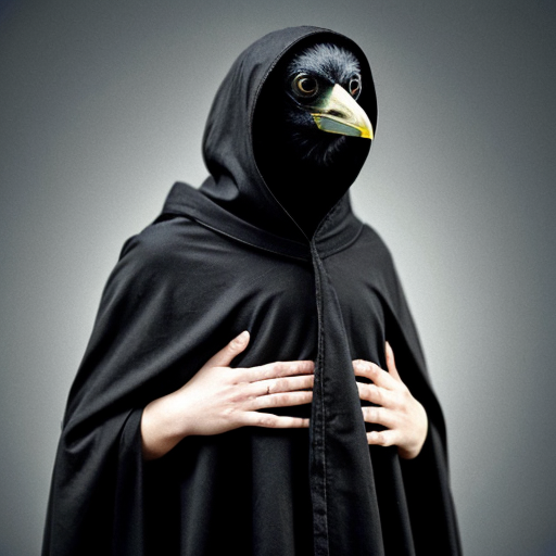 Creepy horror crow with human body covered in cloak with human wrists 