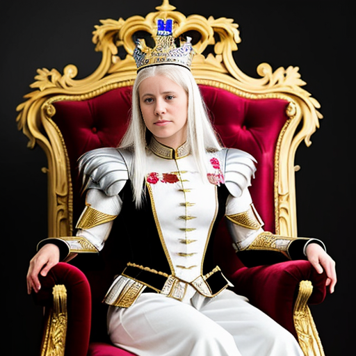 Tall, white-haired Queen of Poland in armor sitting on a throne