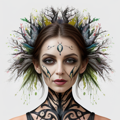 Dark Gothic Branched Woman Face with Fantastic Animals 4K High In surreal fantasy style and Branched in fusion with chlorophyll  Definition Image 