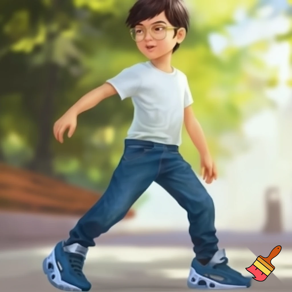 a boy standig he has a white skin coulor and black short hair he has bleu geans and a white bloes and bleu airmax shoes and he is whereing gold glasses and he is 12 years old
