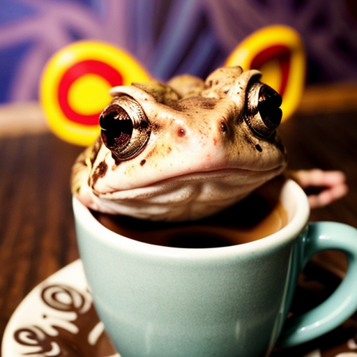 A hillarious, funny boho toad with some hippie colored coffee cups. Psychedelic decorated background, hyperrealistic. Close-up view.