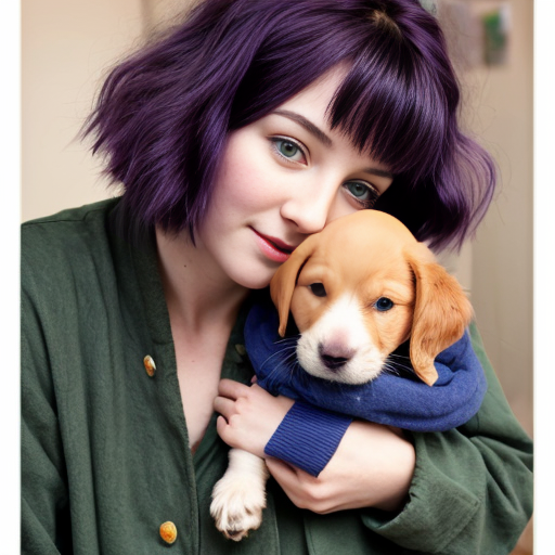 a girl with a whimsical eye and luscious purple hair baggy old green clothes and a puppy with blue fur