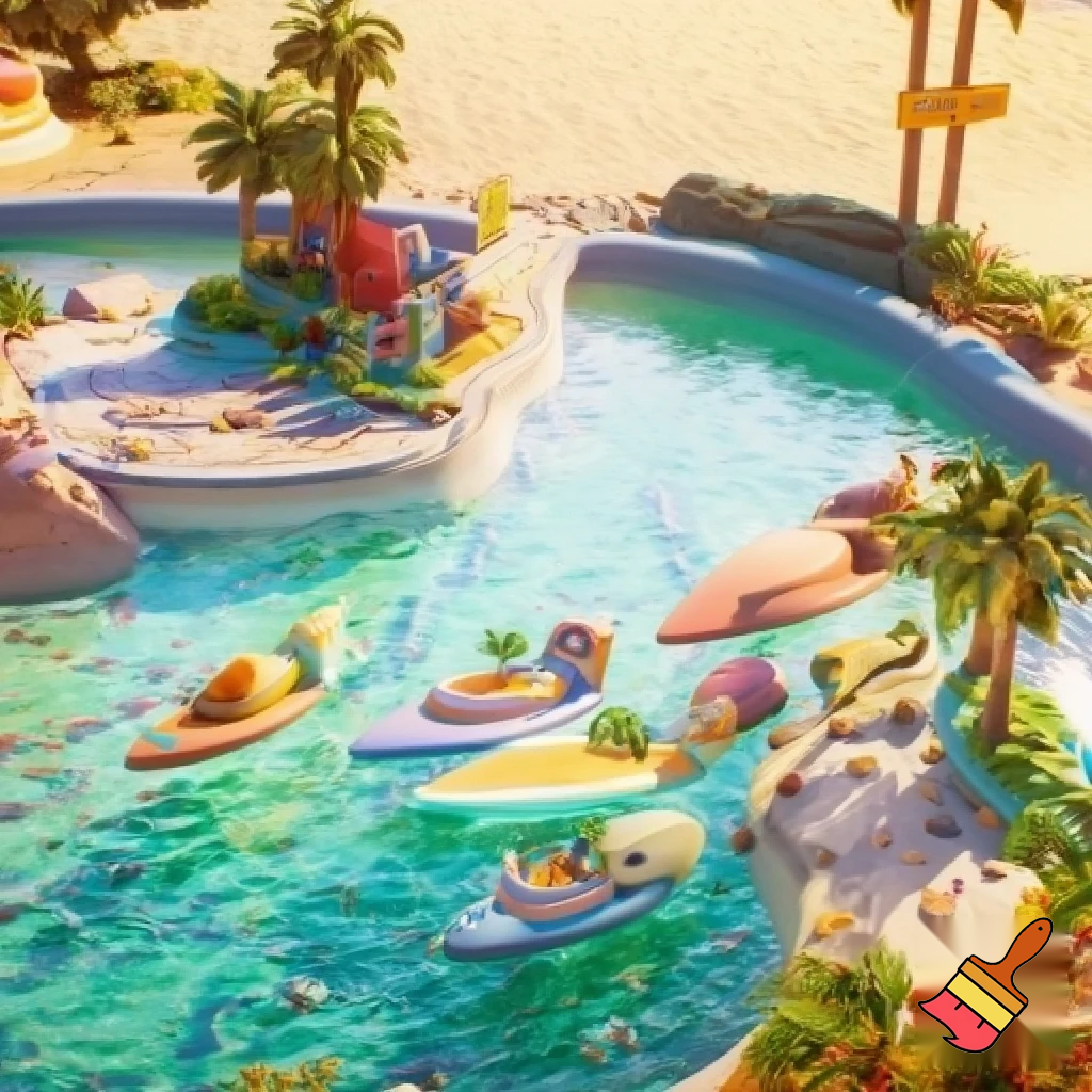 Create a water boat theme park ride inspired in beachy Malibu with a fun vibe. Add path