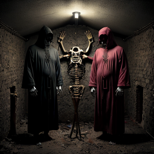 "Hyperrealistic dark horror photography, two central figures standing in a decrepit underground crypt or dungeon. Left figure: skeletal demon wearing a tattered dark charcoal suit with a pentagram tattoo on exposed chest cavity, ram/goat horns curling from a bleached skull head, decomposed hands hanging at sides. Right figure: skeletal undead entity draped in a flowing deep crimson/burgundy hooded robe soaked and dripping with dark glistening blood, exposed ribcage visible through the robe opening, golden saint's halo above the screaming skull face, mouth agape in a silent shriek. Flanked by two decaying upright skeletons on each side, partially covered in dried blood. Floor completely covered in scattered human skulls and bones. Background stone wall features inverted crosses carved or painted in aged gold/ochre. Dense atmospheric fog and smoke filling the space. Lighting: single dramatic underlighting with a cold blue-grey ambient fill, warm amber rim light catching the bones, high contrast chiaroscuro. Shot on film camera, grain texture, photorealistic, cinematic horror, 35mm lens, editorial dark art photography aesthetic."