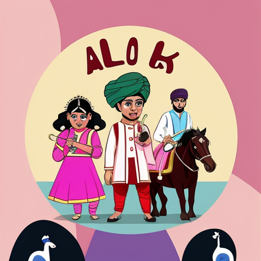 2D flat illustration of 'Aloo ki Barat' - a potato wedding procession. A cute cartoon potato groom wearing a pink sherwani and turban riding a horse. Behind him, a 2D band of potatoes playing trumpets and drums. Bright solid colors, clean bold lines, simple background with Indian houses. Digital art style, high resolution, vibrant palette.