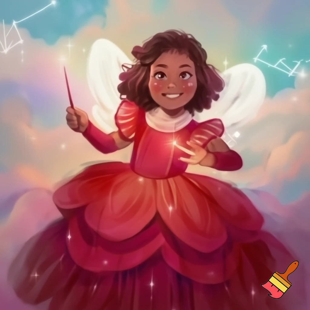 Crea la imagen real de una niña de 10 años con disfraz de hada madrina color rojo