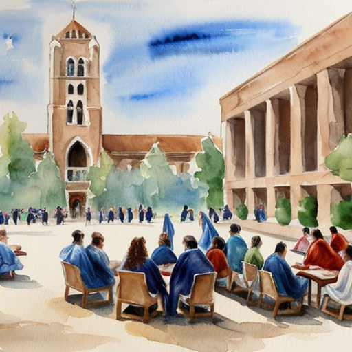 “large university campus full of students in ancient robes, discussion, learning, vibrant environment”