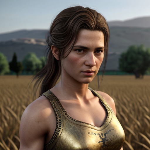 i would like an a ancient greek female fighter in clothes of 1821 of greece and lastly i want her to be happy and proud and  from a distansce, in a field