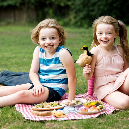 Two grown-ups, one big girl, little twin brothers Danny and Suzy and big sister's pet five little ducks having a picnic.