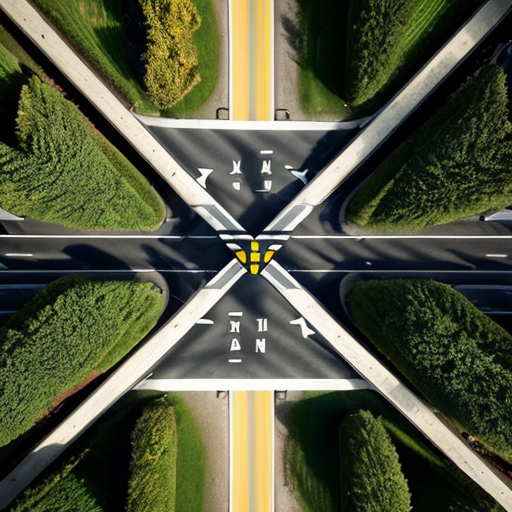 a road with a zebra crossing it one end in a suburban setting, symmetrical aerial view
