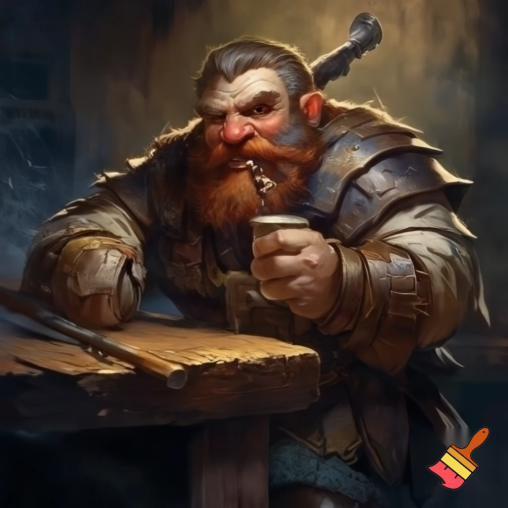 short far dwarf. gunslinger. cigar. sitting at the counter on chair in tavern and sipping a pint. bald. red beard. rough atmosphere. kilt. musket on the table. rugged leather armor. angry. harsh drawn style