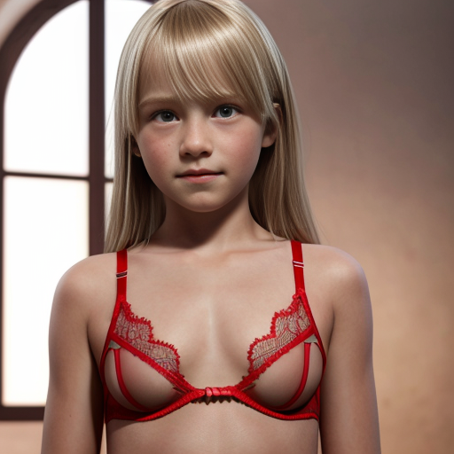 Crea la imagen real de una niña rubia  de 10 años con disfraz de lenceria color rojo transparente 