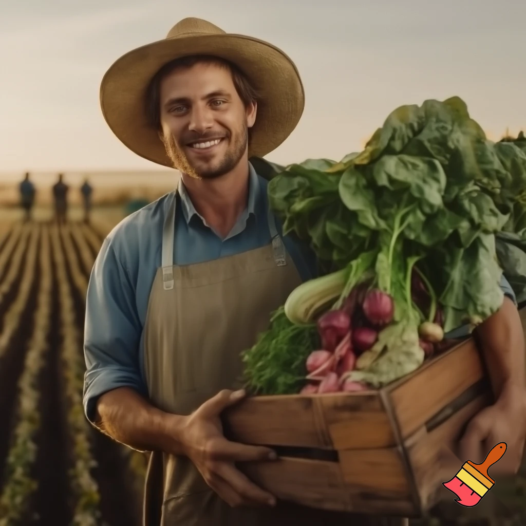 Cinematic portrait of a young farmer smiling confidently, 25–30 years old, fair skin, wearing a wide-brim straw hat, light blue work shirt and beige apron. He carries a wooden crate full of freshly harvested vegetables on his shoulder: beets with vibrant green leaves, lettuce, radishes and leafy greens. Shot outdoors in a cultivated rural field with long crop rows. Golden hour lighting, warm sunlight, cinematic color grading, soft highlights and natural shadows. Shallow depth of field, background slightly blurred, farm workers visible in the distance. Ultra-realistic photography, 35mm lens look, high dynamic range, authentic rural atmosphere, inspirational and emotional tone, sustainable agriculture, film still quality. Optional parameters (Midjourney): --ar 16:9 --v 6 --style raw --q 2