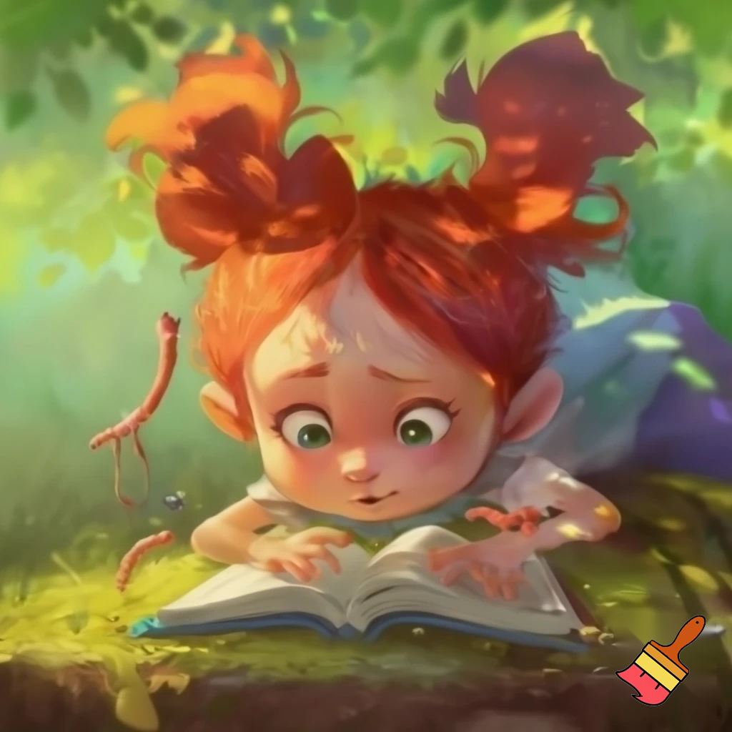 Red head 11 year old eating worms while reading a book upsidedown