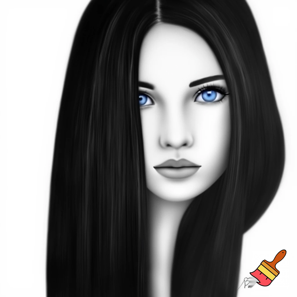 Female long black straight hair , ocean blue eyes, white skin drawing, no make and less 

 realistic and drawing 
Human draw