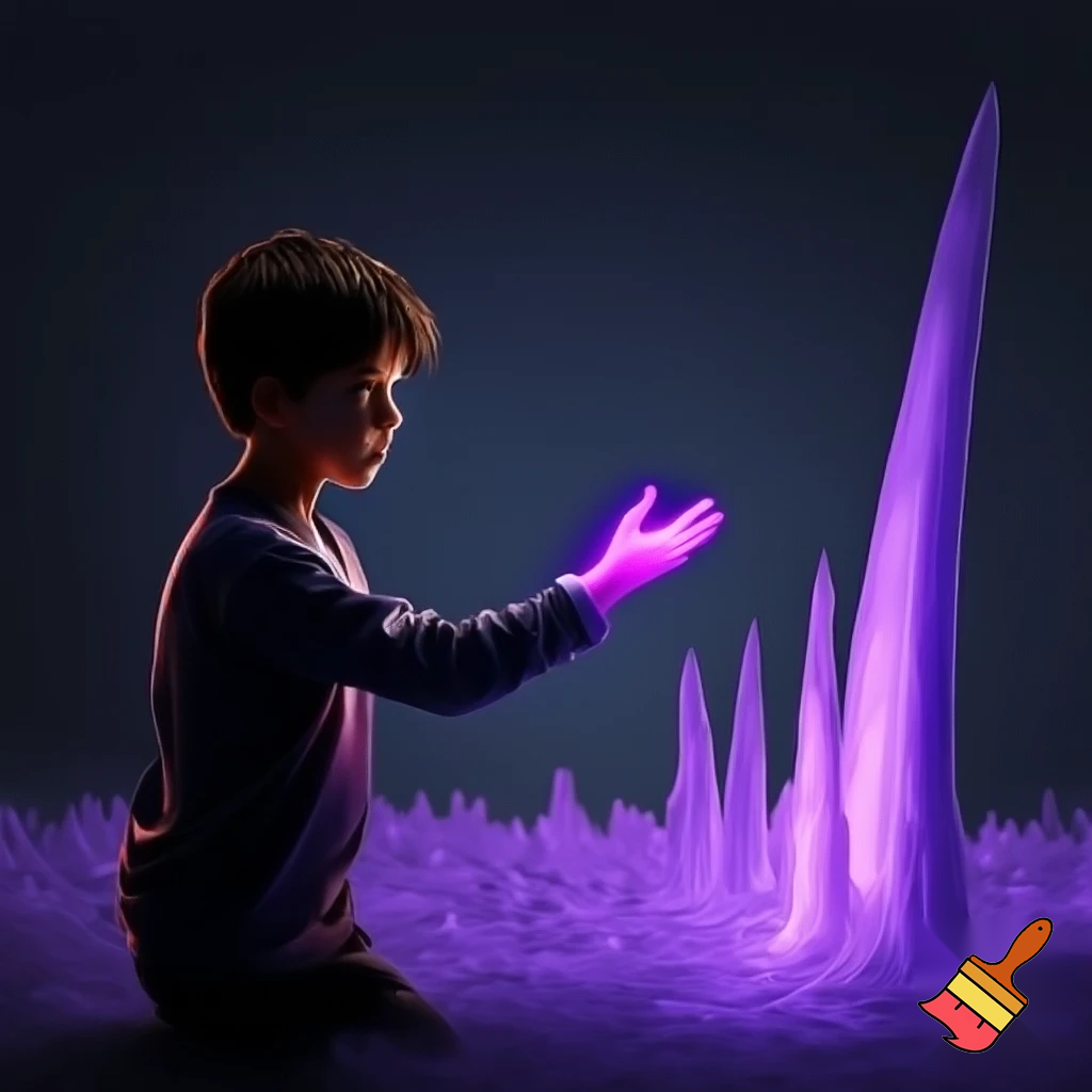 teen boy with his glowing purple hand out to the right, palm up, purple tinted ice erupting from the ground in towering spires, realistic,               side profile
