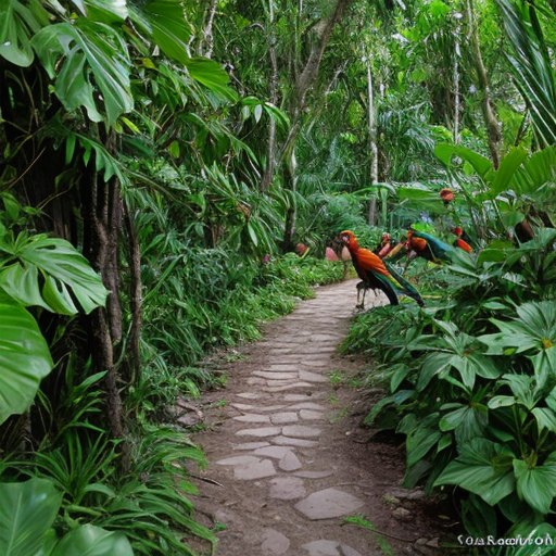 “Macaws, monkeys, lush plants surrounding 
on a forest path.”