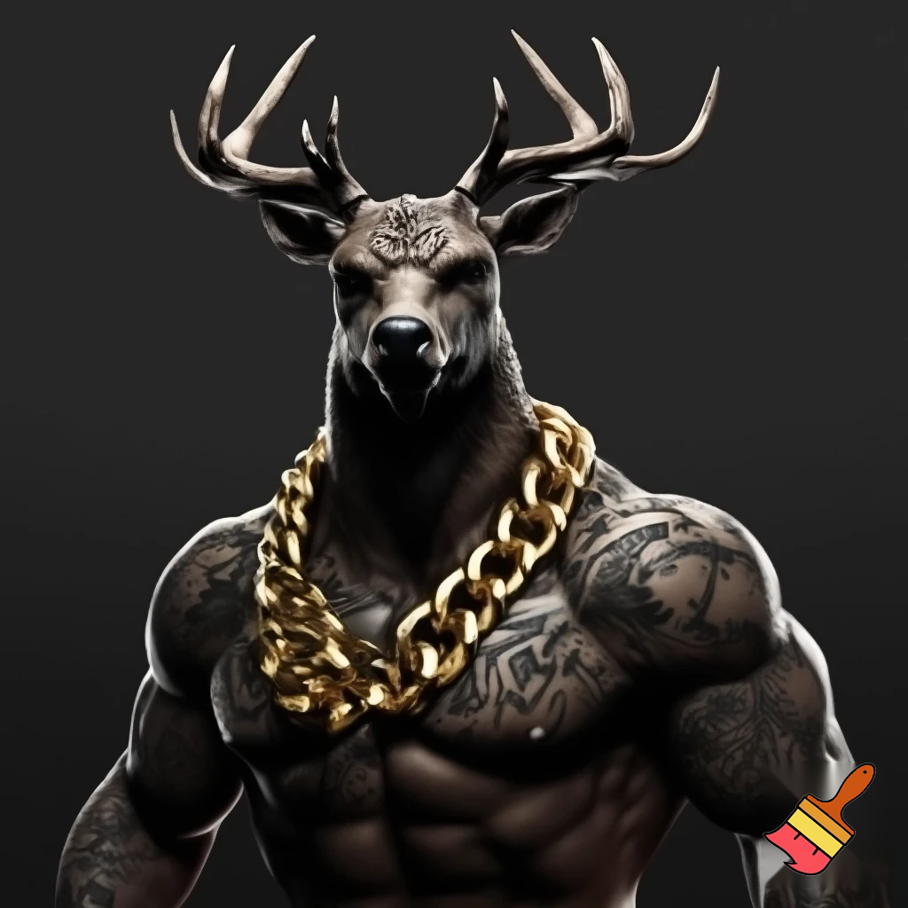 mugshot of a buff deer with goldchain and tatoos