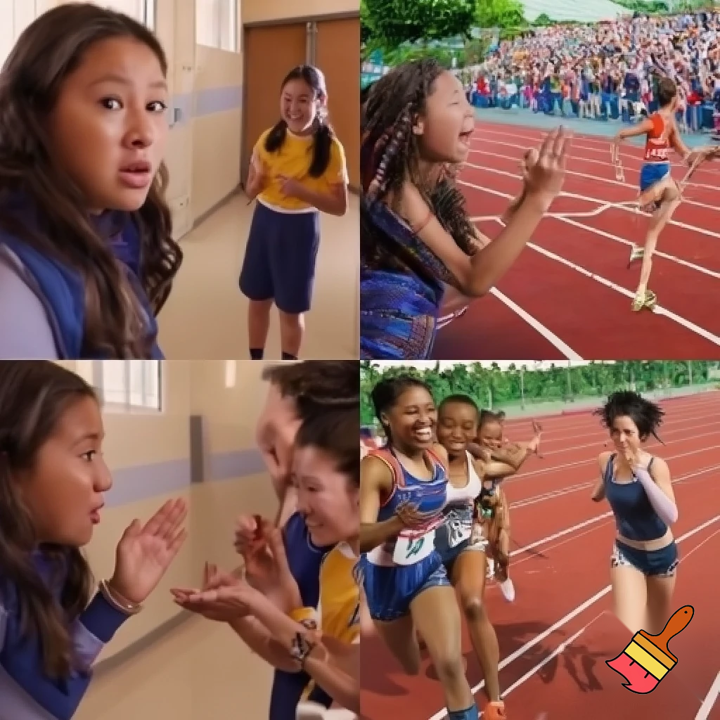 create a photo sequence (4 photos) in order. photo 1, a girl student is told by her teacher that she will compete in the schools 100 meter race. photo 2, the girl student is very nervous. photo 3, the girl gets encouragement from her classmates that she can do well in the 100 meter competition. photo 4, the girl competes and wins the 100 meter race.