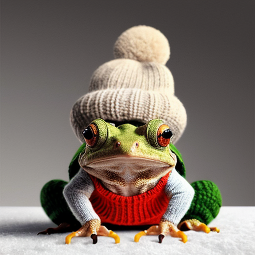 A laughable, puzzled animal toad in woolen, multicoloured winter clothings with woolen winter cap. Hyperrealistic art style.