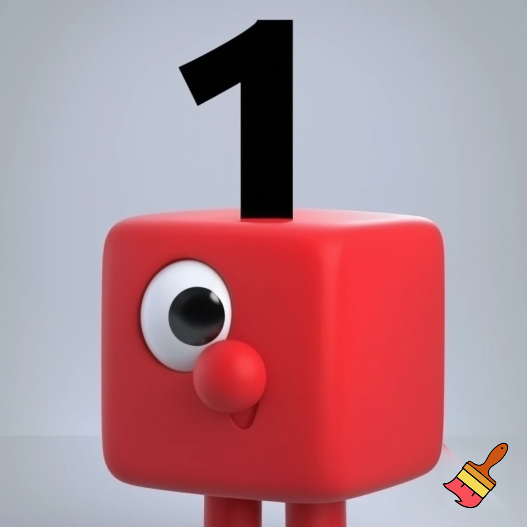 1 red block that has a face with 1 eye and has a black number 1 above