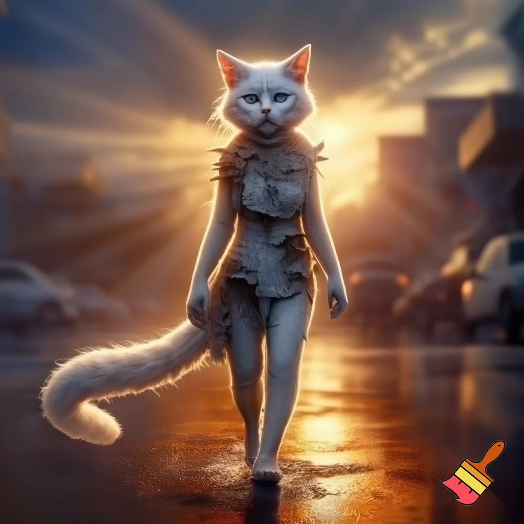Beautiful 24-year-old white catgirl in torn dirty rags, **NOT pregnant**, slim waist, walking rainy Karachi street at golden hour, white cat ears drooping, long white tail dragging, icy blue eyes full of hope, bright sunlight beams, sparkling wet fur, emotional cinematic portrait, 8k