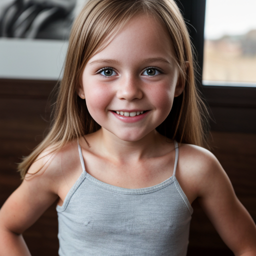 Swedish little girl, at age 5, brunette, straight hair, smiling
