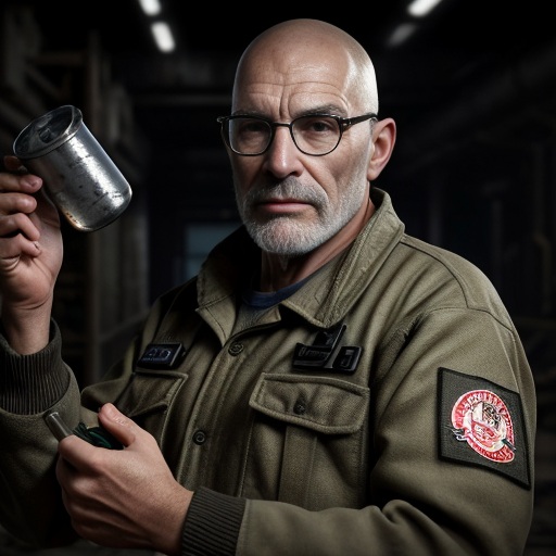 Cinematic portrait of Ingeniero Valdés, a rugged elderly scientist with weathered skin and sharp grey eyes. He wears a heavy olive-drab tactical field jacket over a dark red sweater. Messy salt-and-pepper hair, thick dark-rimmed glasses with visible scratches. Holding a retro-futuristic bronze device with glowing blue tubes. Hyper-realistic, 8k resolution, detailed texture, dark workshop background with floating dust particles, gritty atmosphere, moody lighting.
