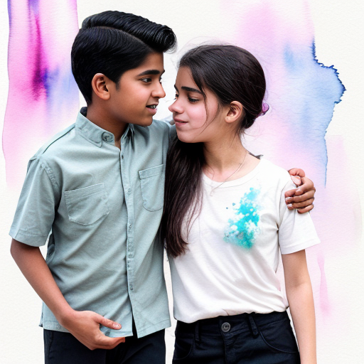 n Indian boy holding an Indian girl with his hands. 
The girl gently kisses the boy’s forehead. 
They both look like 21-year-old college students. 
The boy wears a light green shirt and black pants. 
The girl wears black pants, a sky blue top, and a black coat with shortand button closed . 
The girl’s skin tone is slightly darker than the boy’s. 
Background: a room with a plain white wall. 
The girl’s hair is tied neatly, like in a uniform style. 
Style: soft watercolor painting. 
Aura glow: pastel aura (pink + blue mix)