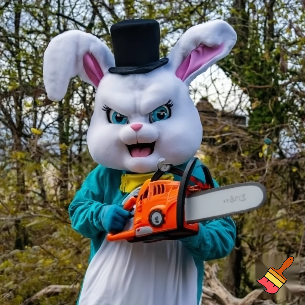 Easter bunny with a chainsaw with a top hat mascot costume go to naughty people angry Easter bunny