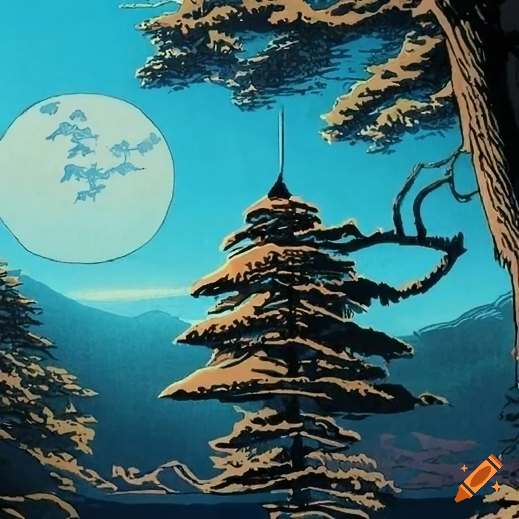 Ukiyo-e pine tree, symmetrical, simple, scenic