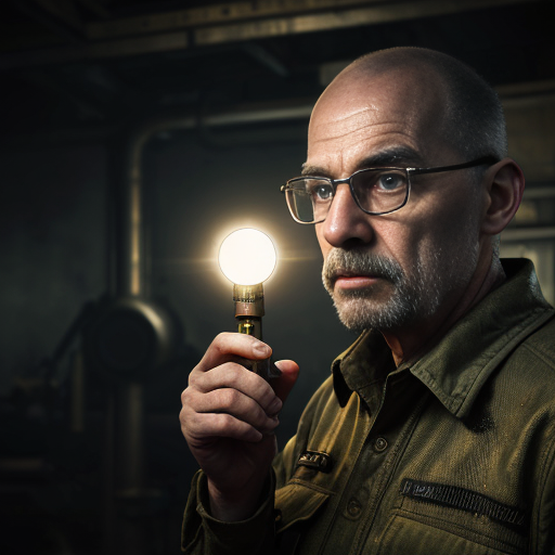 Cinematic portrait of Ingeniero Valdés, a rugged elderly scientist with weathered skin and sharp grey eyes. He wears a heavy olive-drab tactical field jacket over a dark red sweater. Messy salt-and-pepper hair, thick dark-rimmed glasses with visible scratches. Holding a retro-futuristic bronze device with glowing blue tubes. Hyper-realistic, 8k resolution, detailed texture, dark workshop background with floating dust particles, gritty atmosphere, moody lighting.
