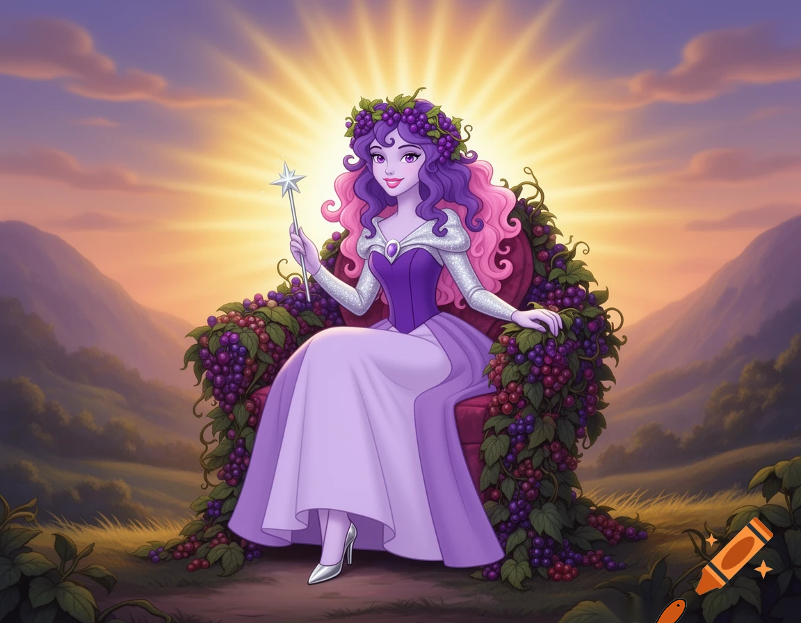 A scene from a 1980's animated Don Bluth movie of a tall beautiful slender-built young woman with pale lavender skin, purple eyes, pink lips, long curly hair in an Ombre coloring of purple & pale fuchsia, wearing a purple grapevine wreath crown, silver heeled shoes, and a long lilac dress with a purple bodice, silver sleeves, and a poofy light purple skirt, holding a long silver star wand in her hands, and smiling as she's sitting on a throne made of berries and plants in a valley with the sun illuminating behind the throne.