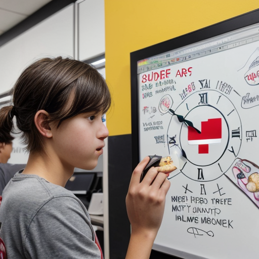 “A student distracted by phone, snacks, and noise. Clock showing time passing. Red cross mark. Whiteboard doodle style.”