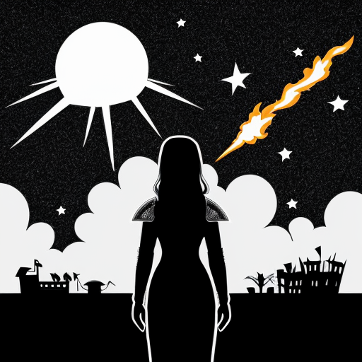 young, tall, white-haired woman in armor stands in front of a burning castle into which meteorites are falling.