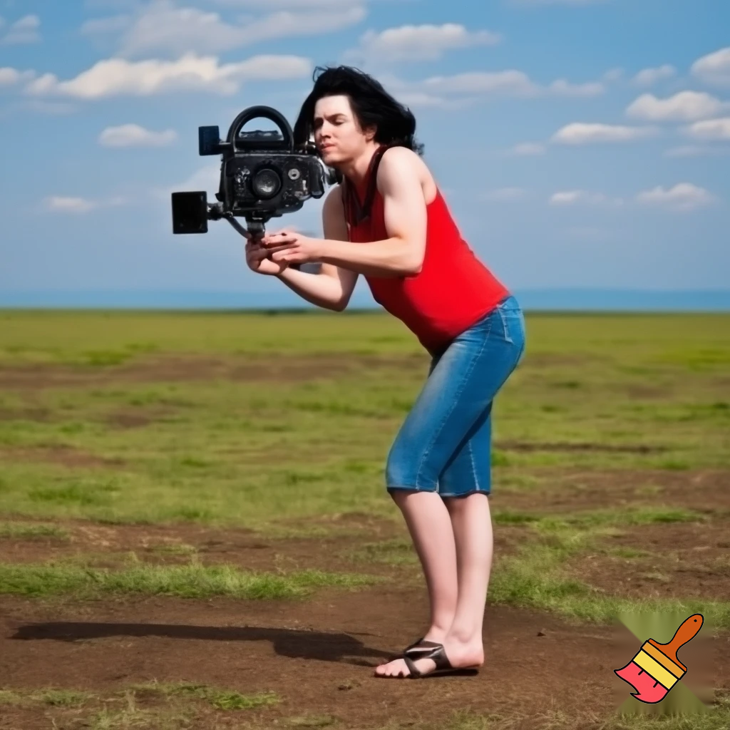 A cute and muscular black-long-and-side-swept-banged-haired fair white woman with arriflex digital camera and wearing red tank top and woman's blue short jeans and putting the sandals on her feet is filmming the plains of the Serengeti in Tanzania.